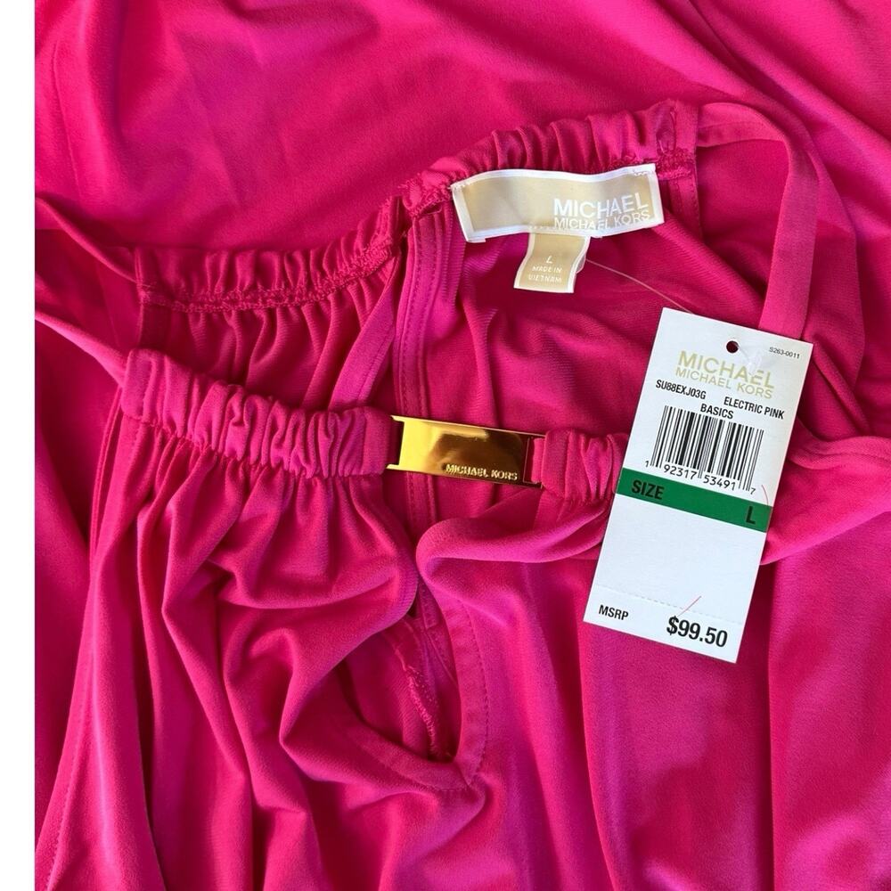 Michael Kors Women Midi Dress Fuscia Halter Neck Asym Hem Gold Trim Sz Med NWT - Picture 7 of 8
